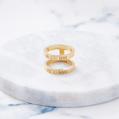 Custom Thin Double Ring (Roman Numeral/Gold) from Capsul Jewelry