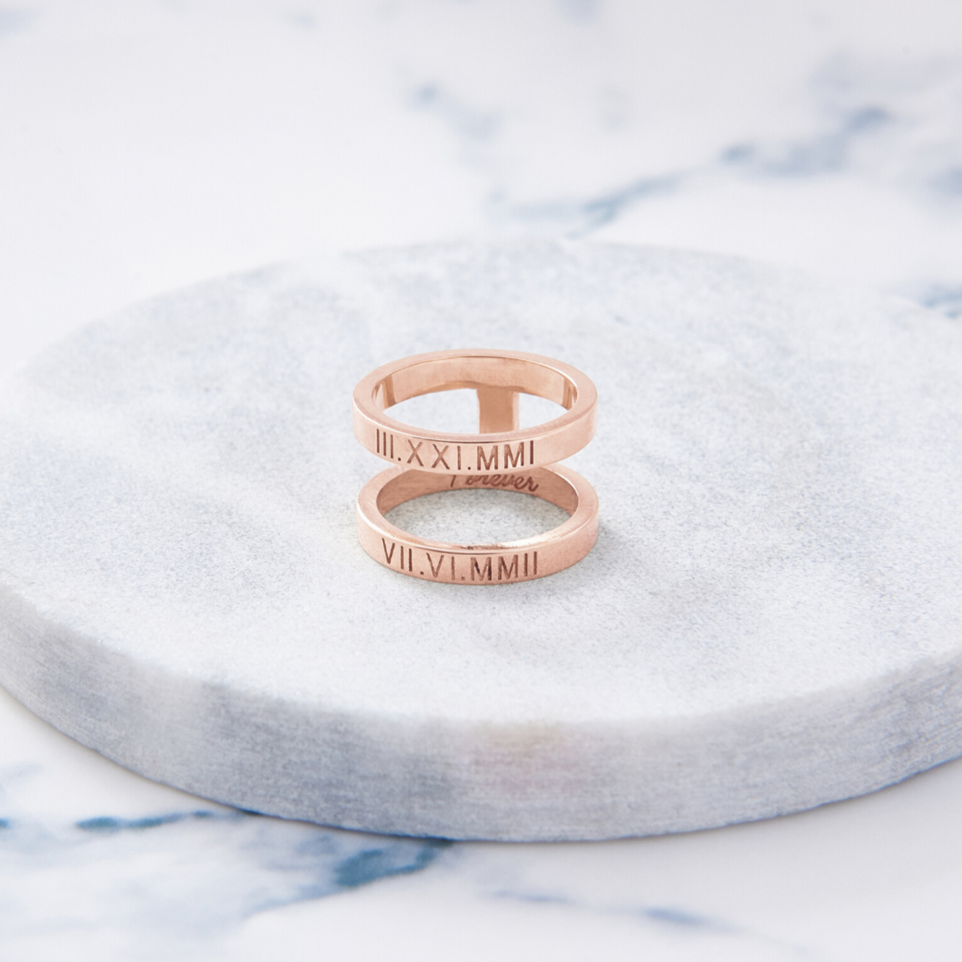 Custom Thin Double Ring (Roman Numeral/Rose Gold) from Capsul Jewelry